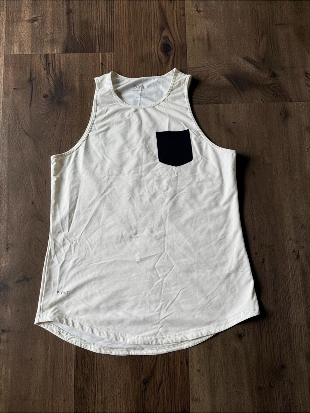 BYLT Basics Mens Large Cream Drop Cut Tank Top Black Pocket Sleeveless Shirt